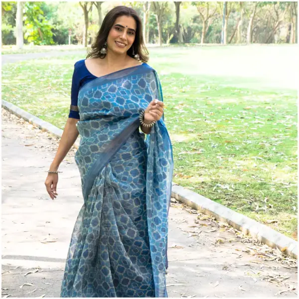 Tissue Silk Saree Indigo Moroccan - Sajda - AmbarTaara Designs