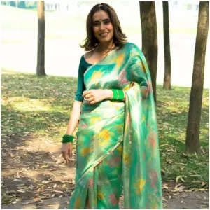 Tissue Silk Saree Teal - Sahej - AmbarTaara Designs