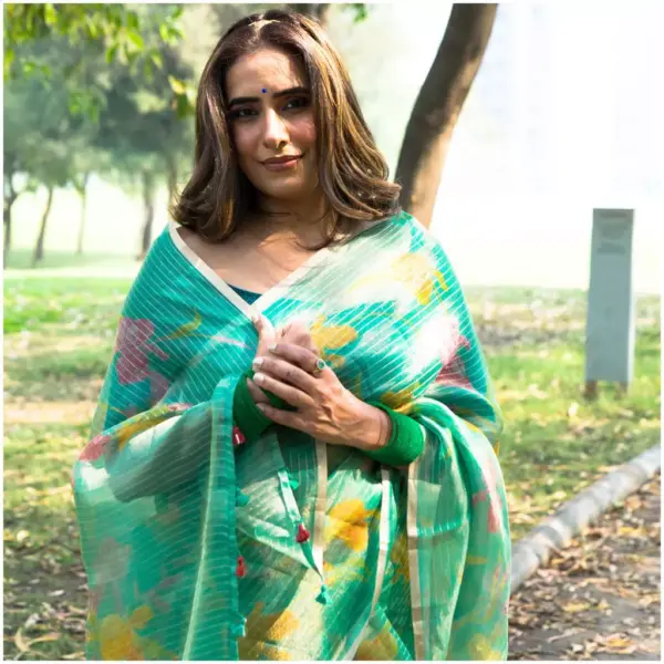 Tissue Silk Saree Teal - Sahej - AmbarTaara Designs