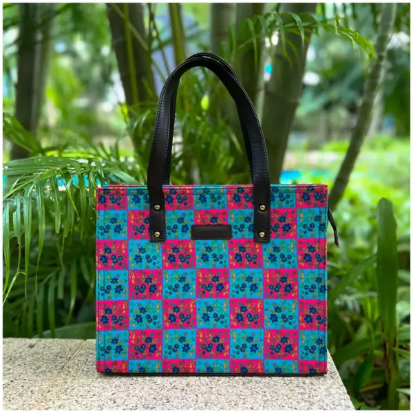 Blue Pink Dark Brown Tote Bag - AmbarTaara Designs