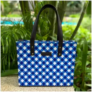 Gingham Blue Checks Dark Brown Tote Bag - AmbarTaara Designs