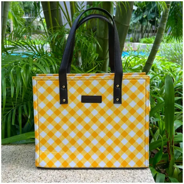 Gingham Yellow Checks Dark Brown Tote Bag - AmbarTaara Designs