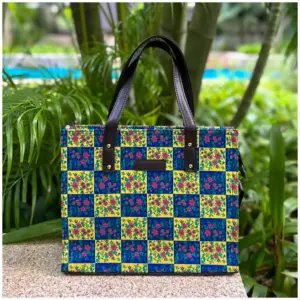 Yellow Blue Dark Brown Tote Bag - AmbarTaara Designs