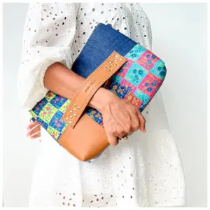 Tan Brown Denim Multicoloured prints Tukdi Bag - AmbarTaara Designs