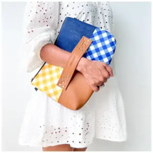 Tan Brown Denim Yellow Blue Checks Tukdi Bag - AmbarTaara Designs