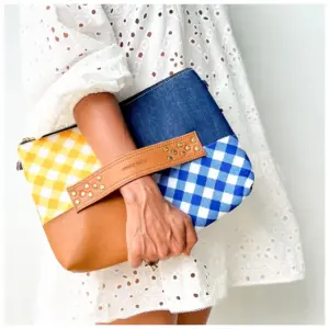 Tan Brown Denim Yellow Blue Checks Tukdi Bag - AmbarTaara Designs