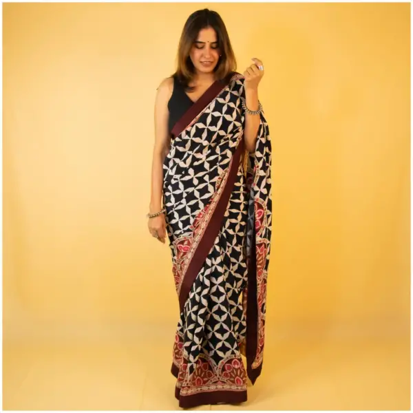 Black Maroon Ivory Crepe Saree – Ghazal - AmbarTaara Designs