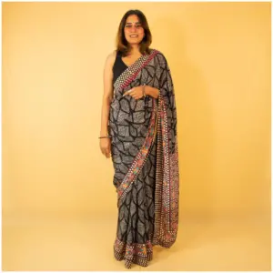 Black Pastel Pink Blue Crepe Saree - Shayari - AmbarTaara Designs