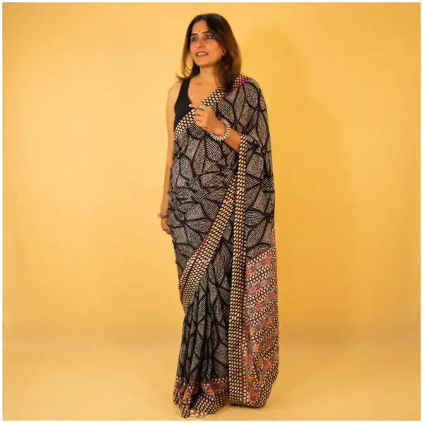 Black Pastel Pink Blue Crepe Saree - Shayari - AmbarTaara Designs