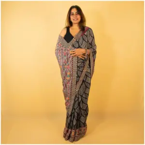 Black Pastel Pink Blue Crepe Saree - Shayari - AmbarTaara Designs