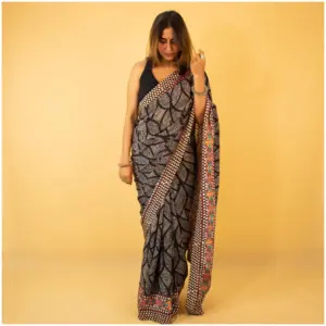 Black Pastel Pink Blue Crepe Saree - Shayari - AmbarTaara Designs