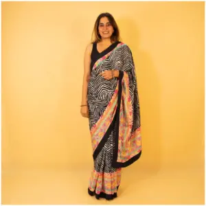 Black Pastel Pink Blue Green Crepe Saree - Nagma - AmbarTaara Designs