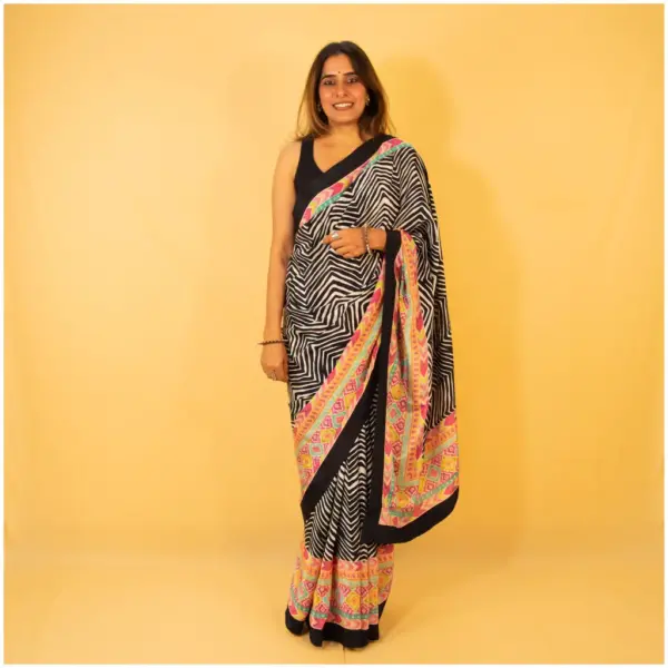 Black Pastel Pink Blue Green Crepe Saree - Nagma - AmbarTaara Designs