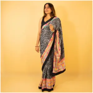 Black Pastel Pink Blue Green Crepe Saree - Nagma - AmbarTaara Designs