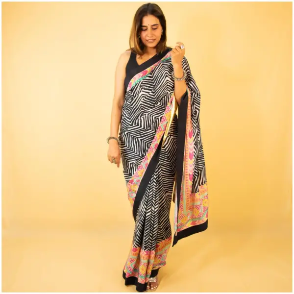 Black Pastel Pink Blue Green Crepe Saree - Nagma - AmbarTaara Designs