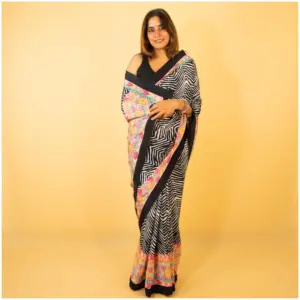 Black Pastel Pink Blue Green Crepe Saree - Nagma - AmbarTaara Designs