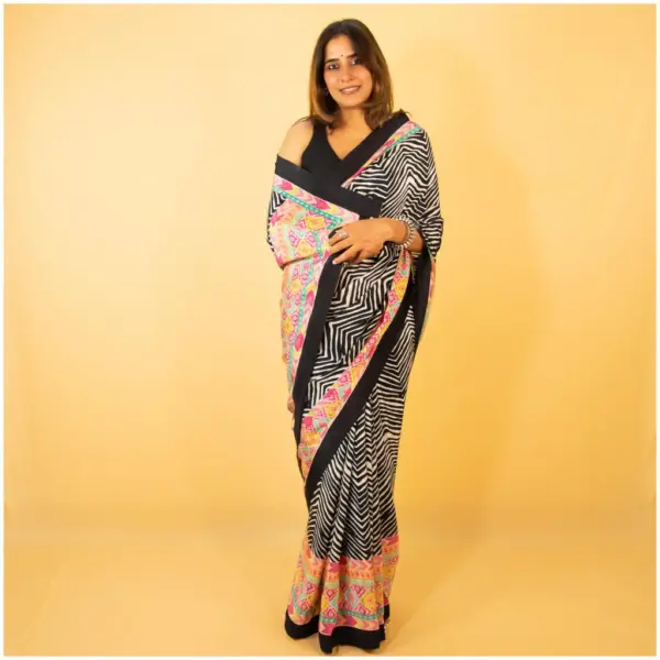 Black Pastel Pink Blue Green Crepe Saree - Nagma - AmbarTaara Designs