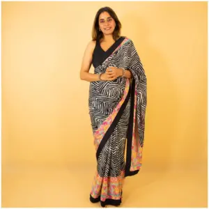 Black Pastel Pink Blue Green Crepe Saree - Nagma - AmbarTaara Designs