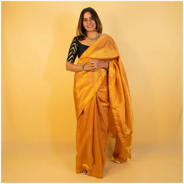 Rust Gold Dyed Tissue Saree - AmbarTaara Designs