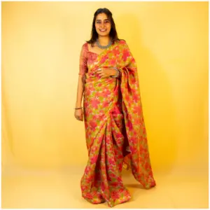 Olive Green Pink Pure Tissue Georgette Saree - AmbarTaara