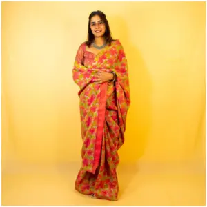 Olive Green Pink Pure Tissue Georgette Saree - AmbarTaara