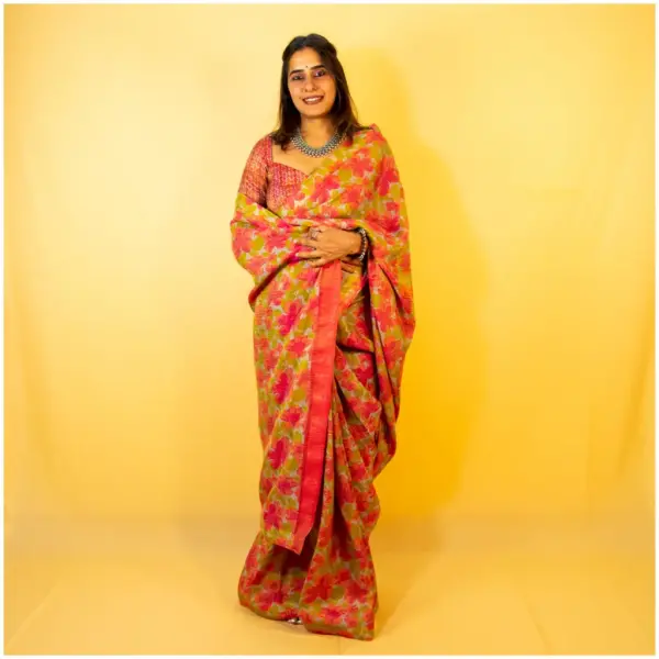 Olive Green Pink Pure Tissue Georgette Saree - AmbarTaara