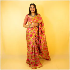 Olive Green Pink Pure Tissue Georgette Saree - AmbarTaara