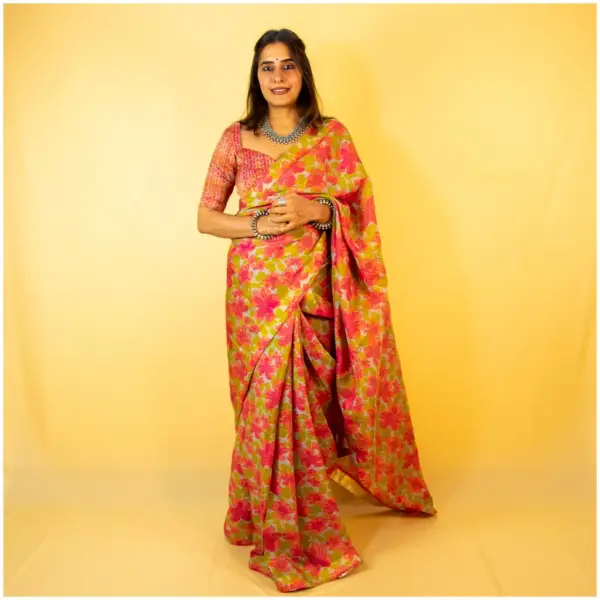 Olive Green Pink Pure Tissue Georgette Saree - AmbarTaara