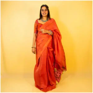 Red Orange Pink Pure Tissue Georgette Saree - AmbarTaara Designs