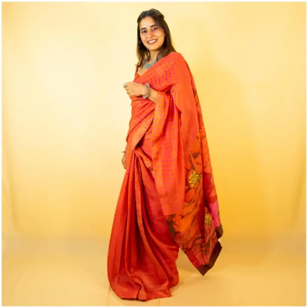 Red Orange Pink Pure Tissue Georgette Saree - AmbarTaara Designs