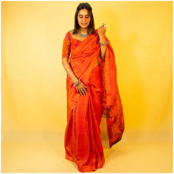 Red Orange Pink Pure Tissue Georgette Saree - AmbarTaara Designs