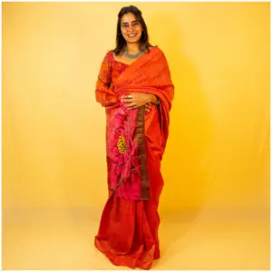 Red Orange Pink Pure Tissue Georgette Saree - AmbarTaara Designs