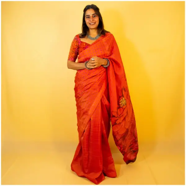 Red Orange Pink Pure Tissue Georgette Saree - AmbarTaara Designs