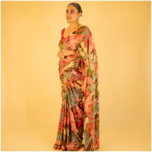 Pink Green Floral Tissue Georgette Saree - AmbarTaara Designs