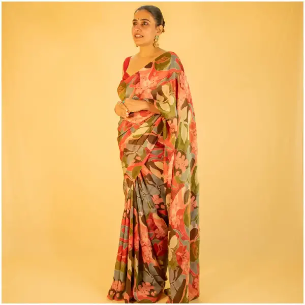 Pink Green Floral Tissue Georgette Saree - AmbarTaara Designs