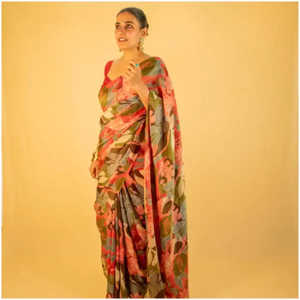 Pink Green Floral Tissue Georgette Saree - AmbarTaara Designs