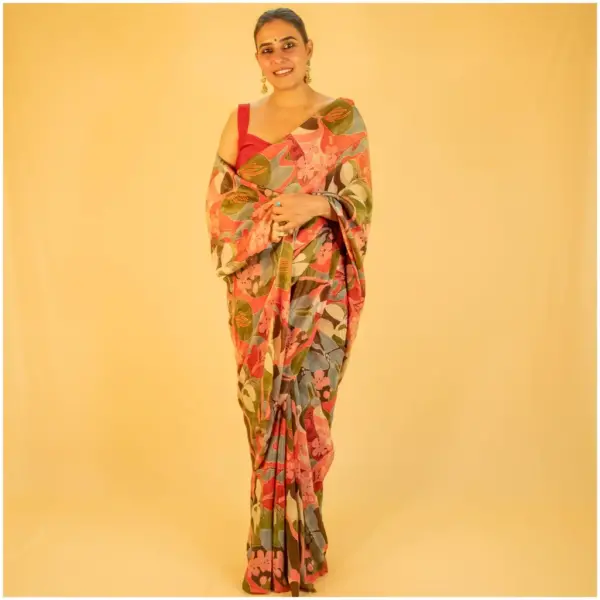 Pink Green Floral Tissue Georgette Saree - AmbarTaara Designs