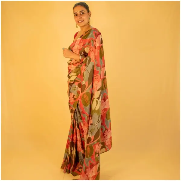 Pink Green Floral Tissue Georgette Saree - AmbarTaara Designs