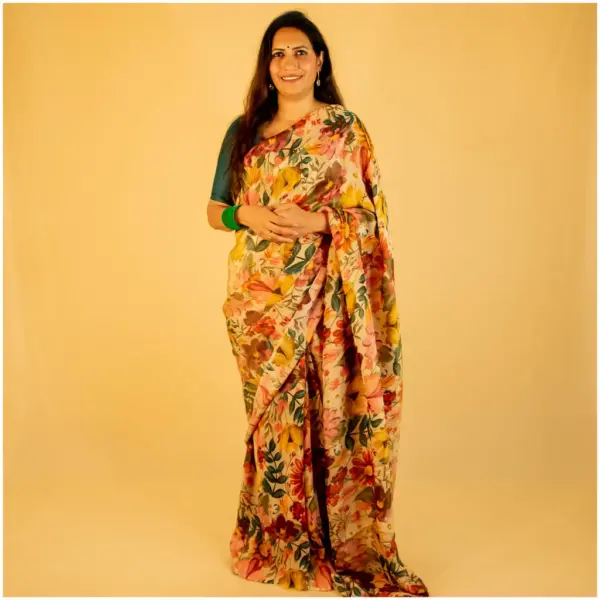 Yellow Maroon Floral Tissue Georgette Saree - AmbarTaara Designs