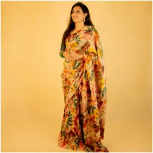 Yellow Maroon Floral Tissue Georgette Saree - AmbarTaara Designs