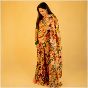 Yellow Maroon Floral Tissue Georgette Saree - AmbarTaara Designs