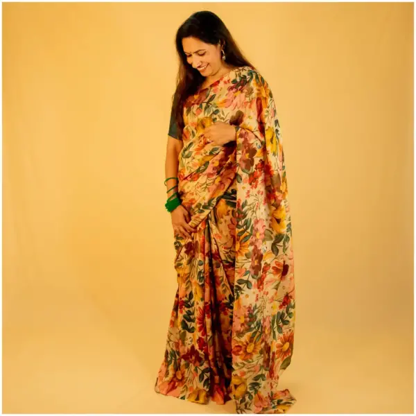 Yellow Maroon Floral Tissue Georgette Saree - AmbarTaara Designs