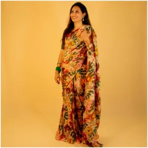 Yellow Maroon Floral Tissue Georgette Saree - AmbarTaara Designs