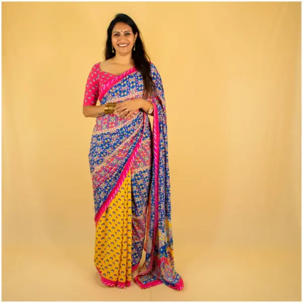 Yellow Pink Pure Crepe Saree - Kesariya - AmbarTaara Designs