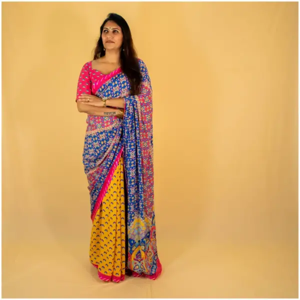 Yellow Pink Pure Crepe Saree - Kesariya - AmbarTaara Designs