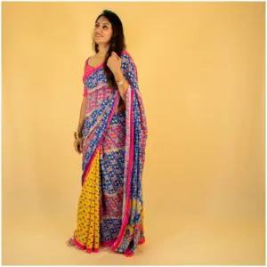 Yellow Pink Pure Crepe Saree - Kesariya - AmbarTaara Designs