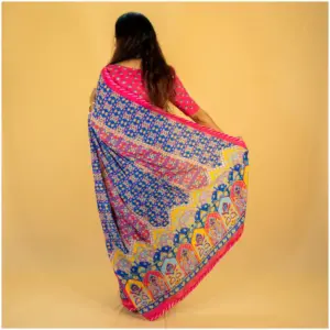 Yellow Pink Pure Crepe Saree - Kesariya - AmbarTaara Designs