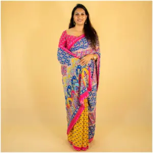 Yellow Pink Pure Crepe Saree - Kesariya - AmbarTaara Designs