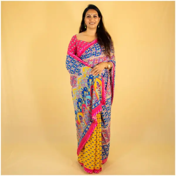 Yellow Pink Pure Crepe Saree - Kesariya - AmbarTaara Designs