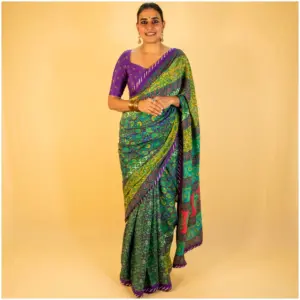 Purple Green Pure Crepe Saree - Anokhi - AmbarTaara Designs